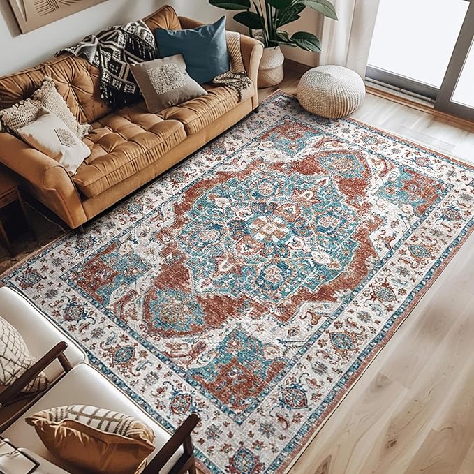jinchan Area Rug 8x10 Washable Living Room Rug Indoor Large Vintage Floor Cover Distressed Rusty Red Multi Lightweight Non Slip Thin Carpet for Kitchen Bedroom Dining Room