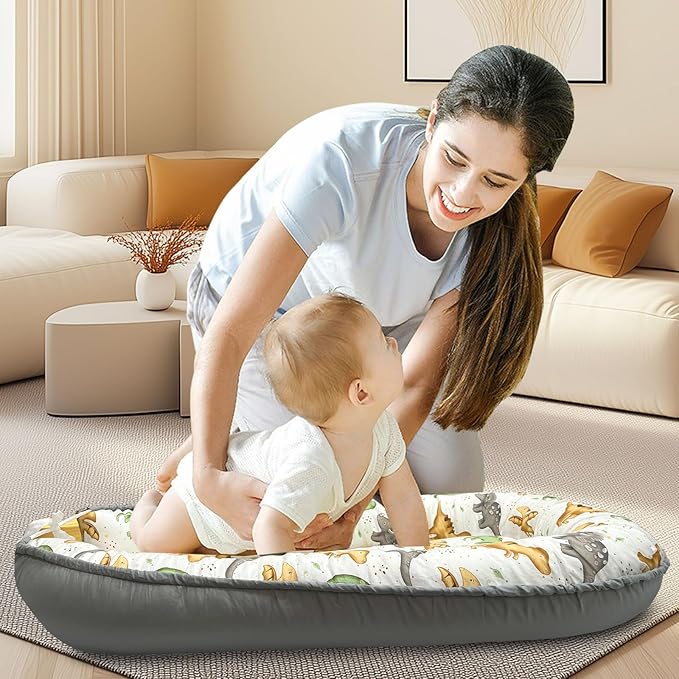 Baby Lounger for Newborn 0-24 Months, Baby Nest Cover Breathable and Soft Cotton, Infant Lounger with U-Shaped Safety Bumper for Cozy Comfort Essentials (Dinosuars)