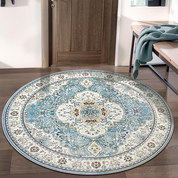Ciicool Washable Area Rug Round 4’x4’ Boho Bedroom Rug Non-Slip Oriental Entry Throw Rug Low-Pile Indoor Floor Carpet for Living Room Laundry Foyer Decor (Vintage Blue)