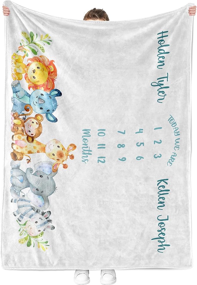 MDPrints Personalized Twin Milestone Blanket, Custom Monthly Baby Blankets with Name for Boys and Girls, 30x40 & 50x60inch Soft Plush Fleece (Zoo)