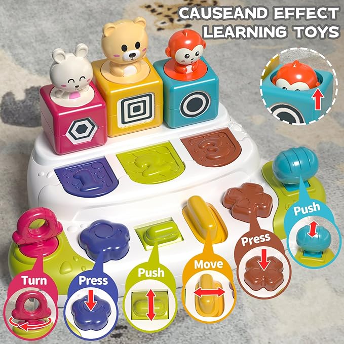Baby Pop Up Animal Toys with Buttons & Colors, Montessori Cause and Effect Toys for Boys Girls, Kids, Toddlers, Babies – 9 Months +