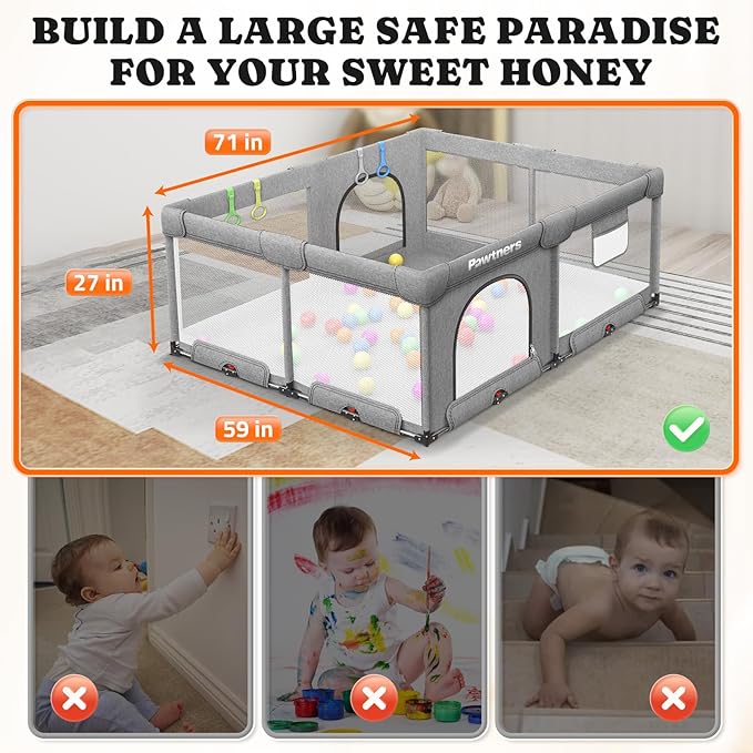 Foldable Playpen for Babies and Toddlers: 71" L x 59" W x 27" H(External Dimensions), Large Kids Play Yard, Portable for Indoor and Outdoor Play Area, Baby Gate with 50PCS Ocean Ball, 4 Handles