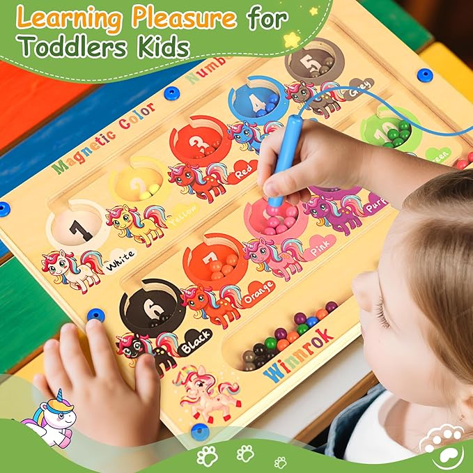 Magnetic Color and Number Maze, Montessori Wooden Magnet Puzzles Learning Counting Matching Board Unicorn Toys for Toddlers Kids 3-5, Educational Fine Motor Skills Toys for Girls Boys 3 4 5 Years Old
