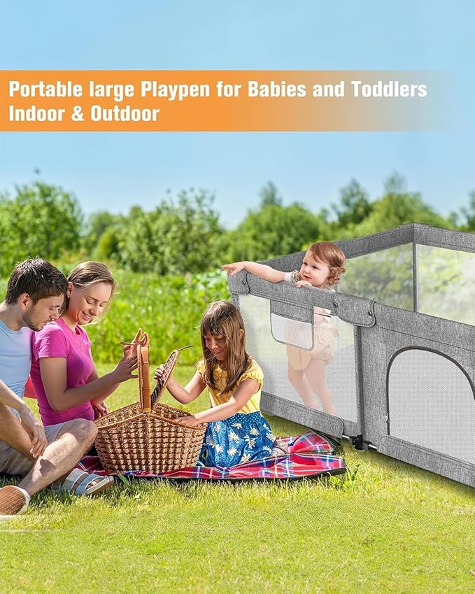 Foldable Baby Playpen with Gate, Extra Large Collapsible Play Yard for Babies & Toddlers, Portable Travel Playpen, Baby Activity Center for Indoor & Outdoor Use (Grey 51"×51")