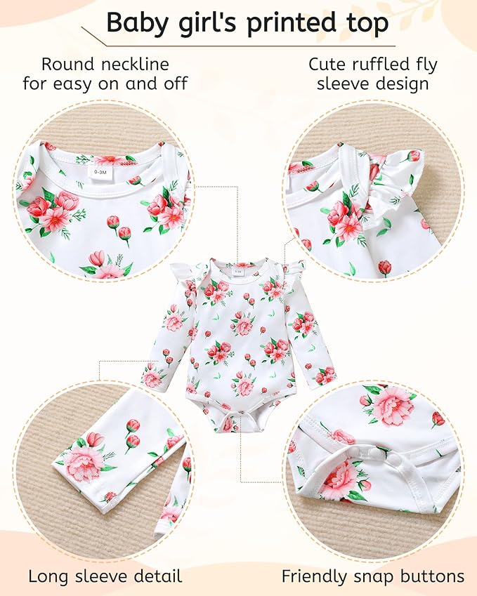 YALLET Baby Girl Clothes Newborn Infant Girl Outfits Floral Romper+Pants+Headband Fall Baby Layettes for Clothing 0-18 Months