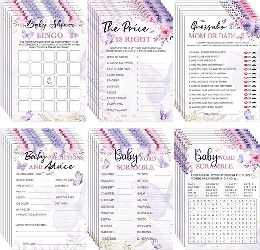 Jetec 302 Pcs Butterfly Theme Baby Shower Games - 6 Games, 50 Sheets Each - Shower Party Bingo, Word Scramble, Word Search, Predictions and Advice, The Price is Right, Guess Who