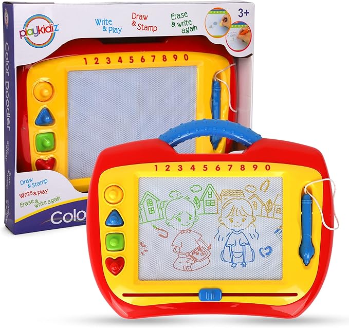 Playkidz Magnetic Drawing Board Toy for Kids, Large Color Doodle Board Writing Painting Sketch Pad, Write and Play, Draw and Stamp, Erase and Write Again, Ages 3+. (1 Pack)