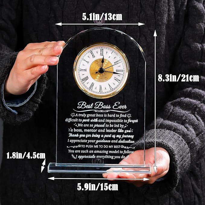 Glass Clock Best Boss Ever Gifts for Women Personalized Appreciation Gift for Men, Retirement Clock Gifts for Lady Boss Going Away, Boss's Day Gift Idea for Office Home Decoration Desk Clock