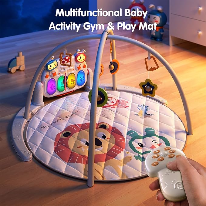TUMAMA Remote Control Baby Gym Play Mat, Activity Gym with Music and Lights, Detachable Play Piano Gym for Newborn Baby Boys Girls Christmas Holiday Birthday Gifts, Round (Lion)