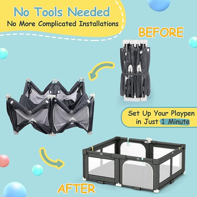 Foldable Playpen for Babies and Toddlers, 72" x 59" Extra Large Collapsible Play Pen with Basket, 4 Handlers & 50 Ocean Balls, Portable Travel Play Yard with Carry Bag, No Installation, Grey