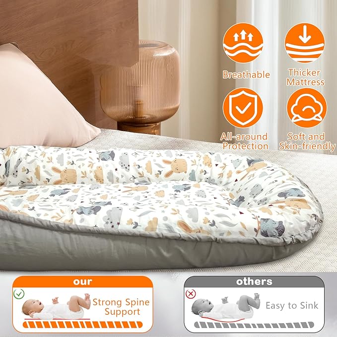 Baby Lounger for Newborn 0-24 Months, Baby Nest Cover Breathable and Soft Cotton, Infant Lounger with U-Shaped Safety Bumper for Cozy Comfort Baby Essentials (Owl Rabbit)