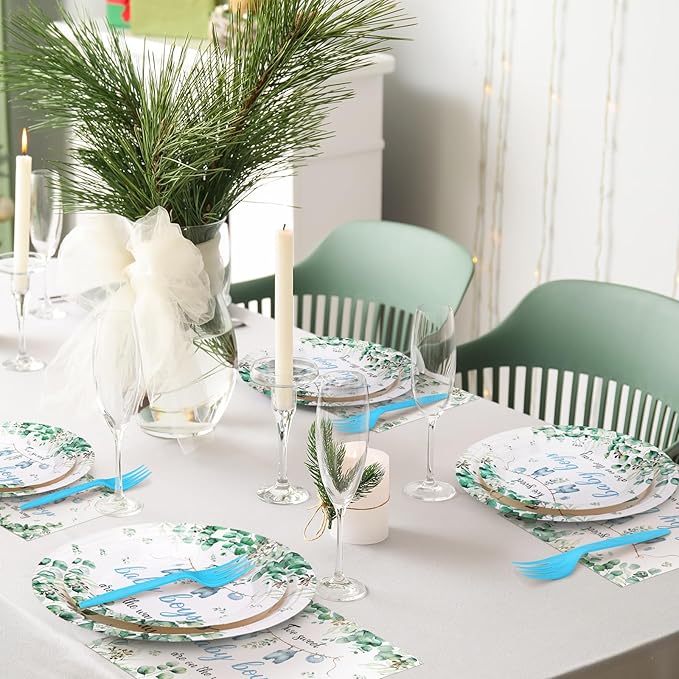 Zhehao 96 Pcs Twins Baby Shower Decorations Supplies Twins Cuties Baby Shower Tableware Set Eucalyptus Leaf Orange Strawberry Greenery Themed Plates Napkins Forks for 24 Guests (Greenery)