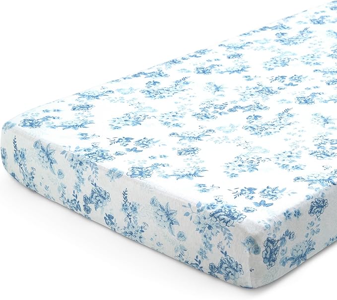 Delta Children Fitted Crib Sheets for Girls and Boys - 100% Organic Cotton Crib Sheet for Standard Crib and Toddler Mattresses - 28x52 Inch - GOTS Certified (Pack of 3), Blue Botanicals