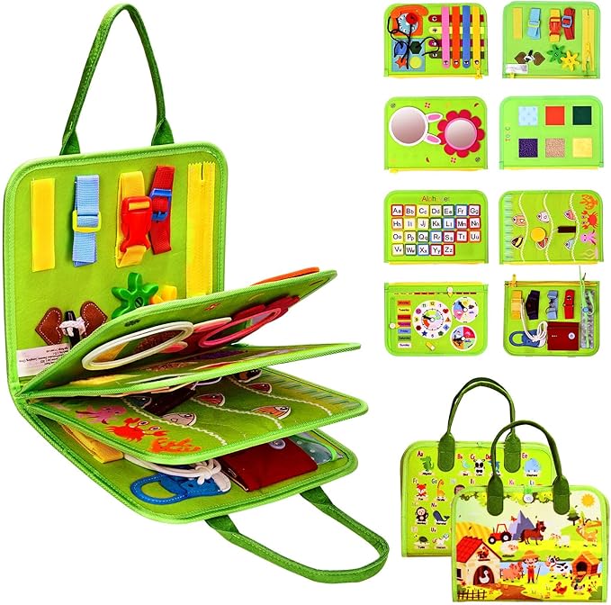 Busy Board Montessori Toys for Toddlers 1-3, Birthday Gifts for 1 2 3 4 Year Old Boy Girl, Autism Sensory Travel Toy, Educational Activity Book Board for Learning Fine Motor Skills Toys, Green