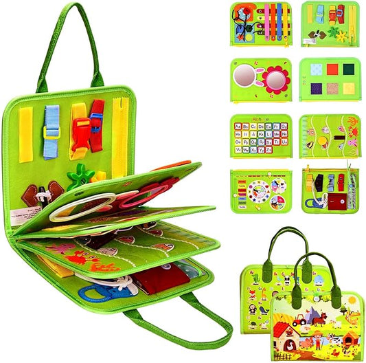 Busy Board Montessori Toys for Toddlers 1-3, Birthday Gifts for 1 2 3 4 Year Old Boy Girl, Autism Sensory Travel Toy, Educational Activity Book Board for Learning Fine Motor Skills Toys, Green