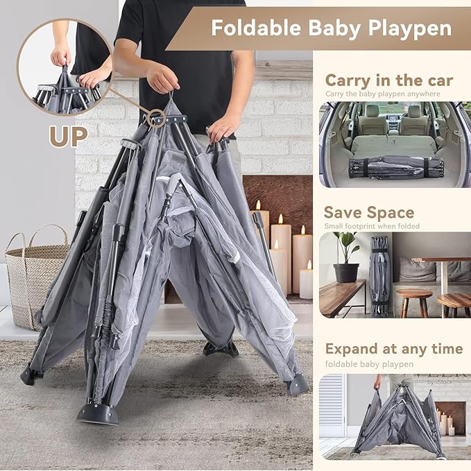Foldable Baby Playpen, Extra Large Play Pen for Babies and Toddlers, Baby Fence Play Yard, Safety Kids Portable Playpin Indoor&Outdoor (59"X71",Grey)
