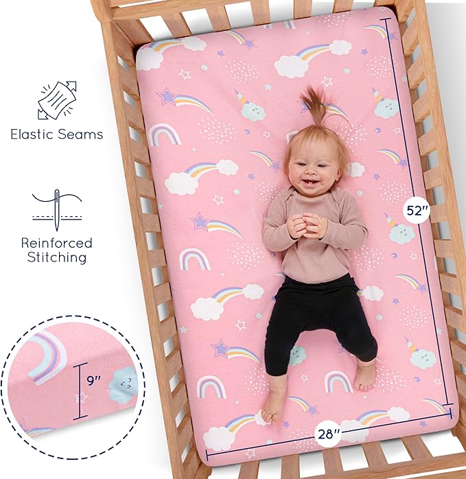 GROW WILD Unicorns & Rainbows Fitted Crib Sheets Girl (3 Pack) - Soft Jersey Cotton Fitted Sheet, Toddler Bed Mattress & Baby Crib Bedding Set for Girls, Baby Girl Nursery Crib - Pink, Purple & White
