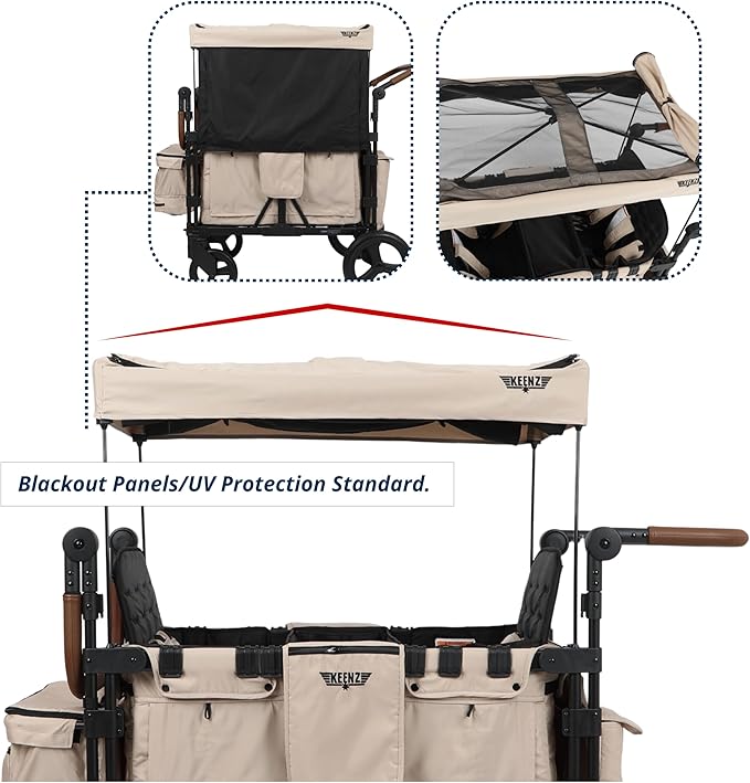 Keenz VYOO Stroller Wagon with Canopy - Foldable Design for Easy Storage, 5 Seating Positions for Kids, Enhanced Child Safety, All-Terrain Mobility, 2-Passengers, Mocha