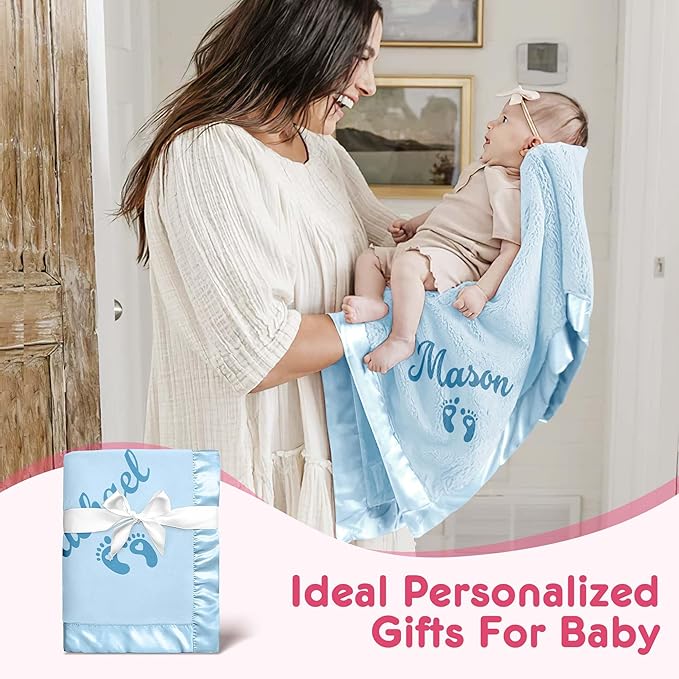 Personalized Baby Blanket with Name, Custom Flannel Swaddle Blankets, Customized Receiving Blanket for Boys, Baby Shower Birthday for Newborn - Blue(36" x 36")