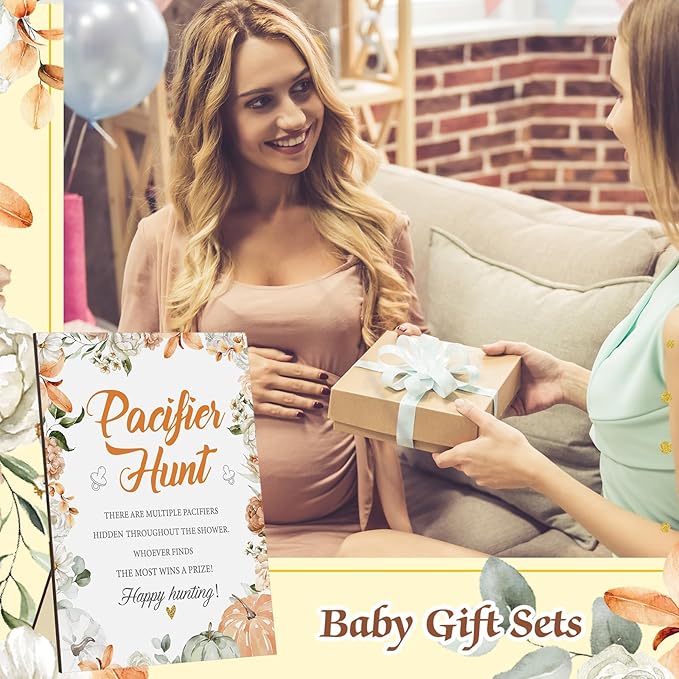 Thyle 51 Pcs Pacifier Hunt Baby Shower Games Include Hunt Sign and 50 Acrylic Pacifiers for Baby Shower Game Decoration Gift Sets Gender Reveal Party Decor(Pumpkin)