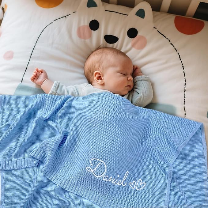 Personalized Baby Blanket with Embroidered Name, Custom Knit Blanket for Girls Boys, 30x40in Customized Baby Receiving Blankets, Personalized Christmas Birthday Baby Newborn Gifts (Blue)