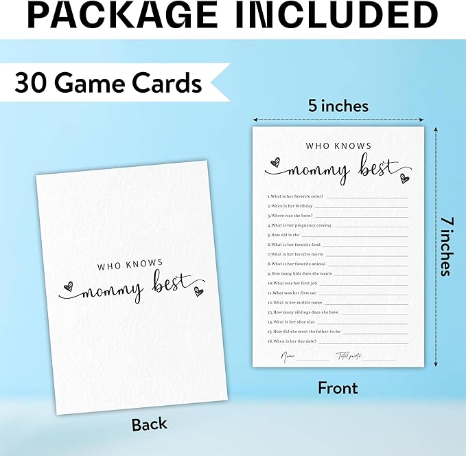 EXW Baby Shower Games: Who Knows Mommy Best, Double-sided Filling White Minimalism Game Cards, Hilarious Party Games & Decorations, Set of 30 -A05