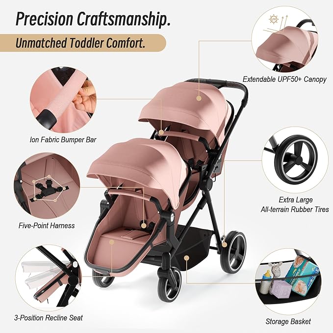 Double Stroller for Twins and Toddlers, Lightweight Aluminum Foldable Twin Stroller with Adjustable Backrest, Reversible Seat, 5-Point Harness, Storage Basket (Pink)