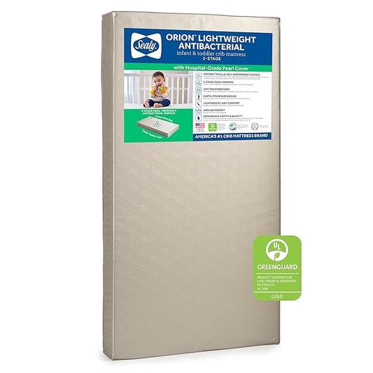 Sealy Baby Orion Antibacterial 2-Stage Breathable Crib Mattress, Toddler Bed Fit, Lightweight, Waterproof, Non-Toxic, GREENGUARD Gold Certified, USA Made, Safety & Quality Tested, 52x28