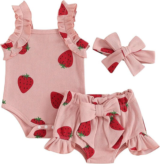 Kaipiclos Cherry Baby Outfit Newborn Infant Girl Clothes Rib Knit Romper & Shorts Waffled Baby Clothes for Girls 0 3 6 12 18M