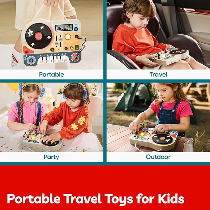 TOP BRIGHT DJ Busy Board with LED Light, Wooden Toddler Toys for 3 Year Old Boys and Girls, Montessori Sensory Toy with 6 Classic Songs 4 Sound Effects, Portable Travel Toy for 36M+