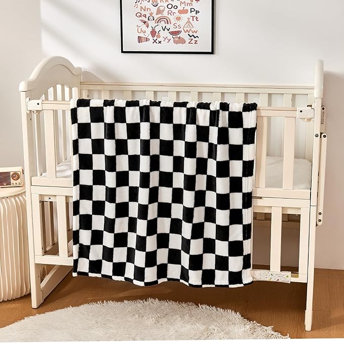Yurhap Checkered Baby Blanket Fleece Baby Blankets for Boys Girls, Ultra Soft Cozy Fluffy Infant Toddler Newborn Receiving Blankets for Crib Stroller, 30''x40'', Black