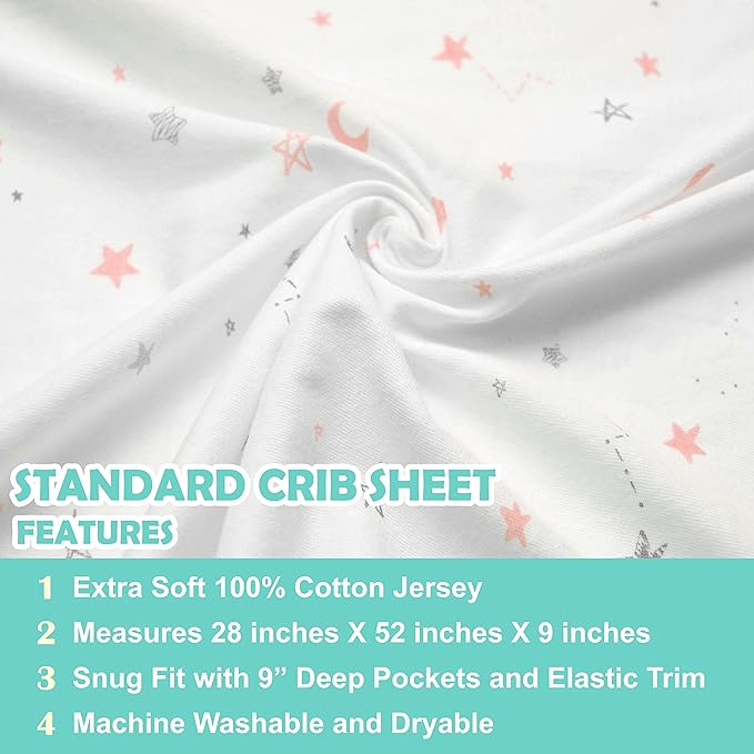 American Baby Company 3 Pack 100% Natural Cotton Fitted Crib Sheets 52" x 28" - Soft, Breathable, Hypoallergenic & Gentle Toddler Bed Sheets, Blush Pink Star/Zigzag, Neutral for Boys & Girls