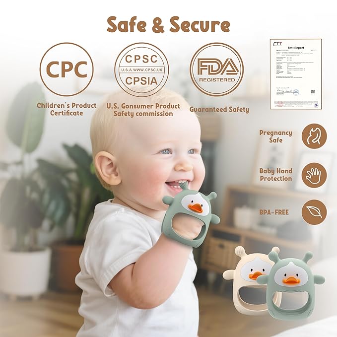 2 Packs Baby Teething Toys for 3-6 6-12 Months, Food Grade Silicone Teething Mitten, Anti Dropping Wrist Hand Teethers, Never Drop Baby Chew Toys for Sucking Needs, BPA Free (Nude & Green)