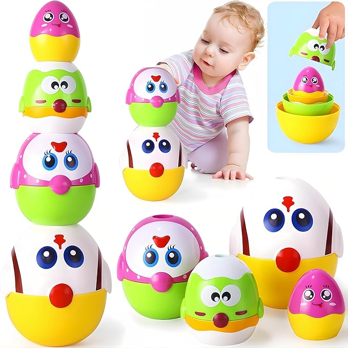 MOONTOY Easter Eggs Matching Egg Toys for Toddlers, 8PCS Chicken Toys for Kids Shape Sorter Stacking Nesting Dolls Sensory Learning Speech Therapy Birthday Gift 18+ Months, Easter Basket Stuffers