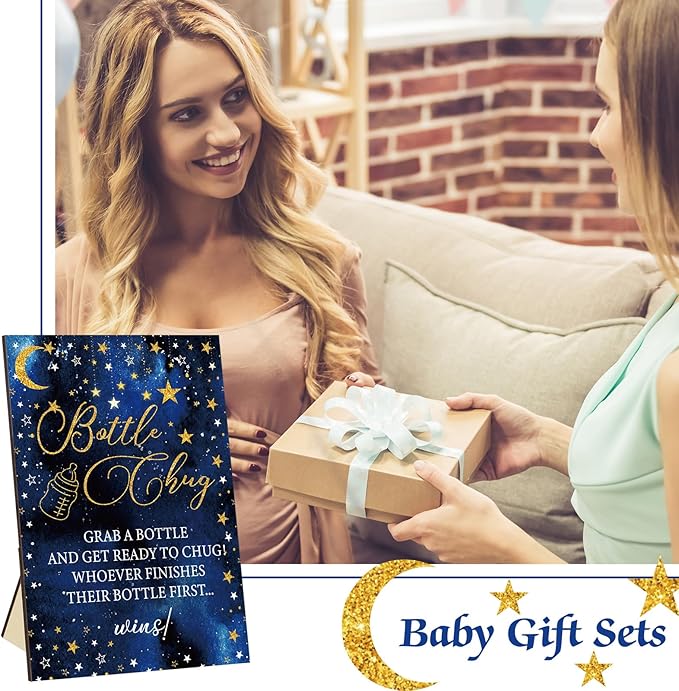 TrelaCo Star Cool Baby Shower Games Bottle Chug Sign Wooden Twinkle Moon and Star Gift Sets Gender Reveal Party Favors and 12 Pcs Baby Bottle Shower Favor for Gender Reveal Game