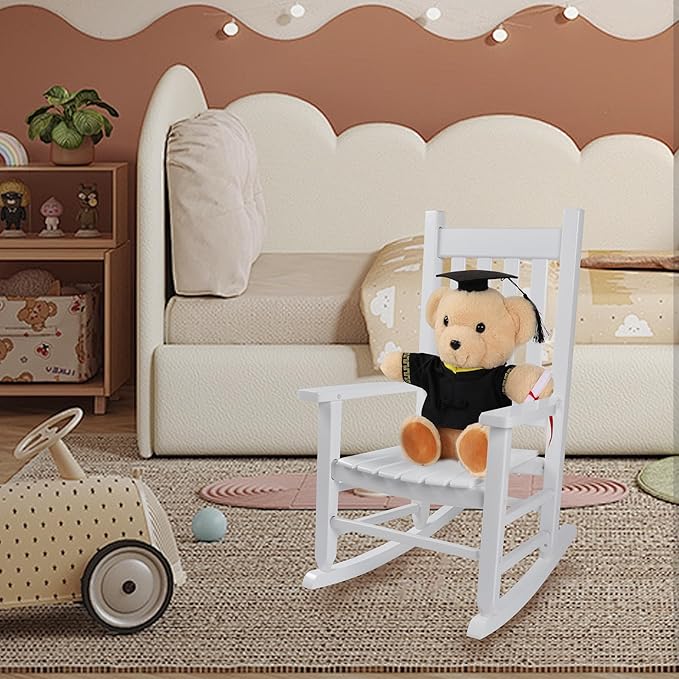 Kids Rocking Chair for Toddlers and Children Comfy Recliner Wooden Rocker for Baby Girls Outdoor Lounge Chair for Kids Age 6-10 Indoor Christmas Gift White