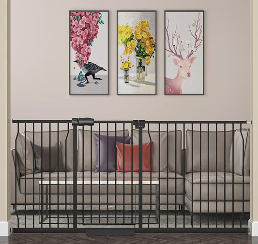 Extra Wide Baby Gate Extra Wide Pet Dog Gates for Stairs Doorways Black Metal Tension Indoor Safety Gates with Pressure Mount 71.5-76.38 Inch