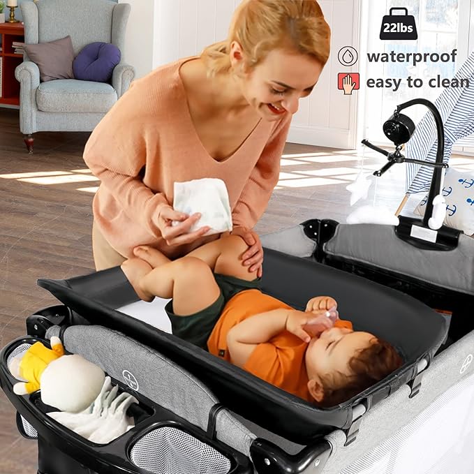 Kinder King 4 in 1 Portable Nursery Center, Foldable Baby Bedside Crib w/Bassinet, Infant Pack n Play Playard Toddler Large Playpen, Newborn Changing Table, Storage Basket, Side Zipper