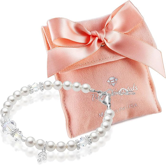 925 Sterling Silver Initial Bracelet, White Pearl Charm Bracelet, A-Z Letter Charms, Personalized Baby Jewelry, Baptism Gifts for Girl or Boy, Birthday Gifts, Crystal Bracelets for Girls