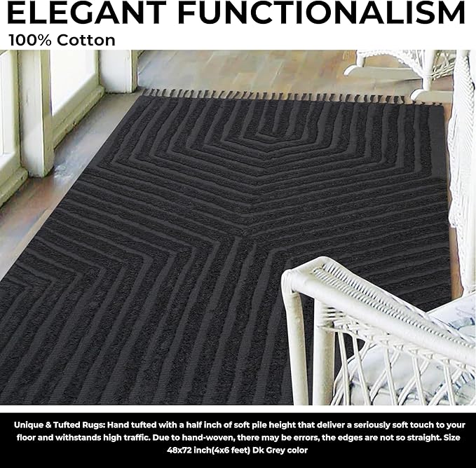 Boho Bathroom Rug 4' x 6', Washable Hand-Woven Tufted Cotton with Tassels, Farmhouse Kitchen Mat for Foyer, Bedroom, Back Door Décor - Dark Grey