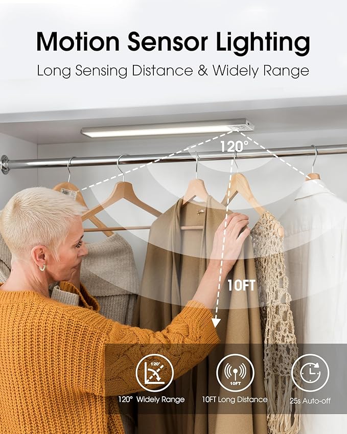 8 Inch Under Cabinet Lighting, 3Pack 5CCT Dimmable Closet Lights, Motion Sensor LED Lights of Battery Operated, Rechargeable Under Counter Light for Kitchen, Stairs, Bedroom, Wardrobe