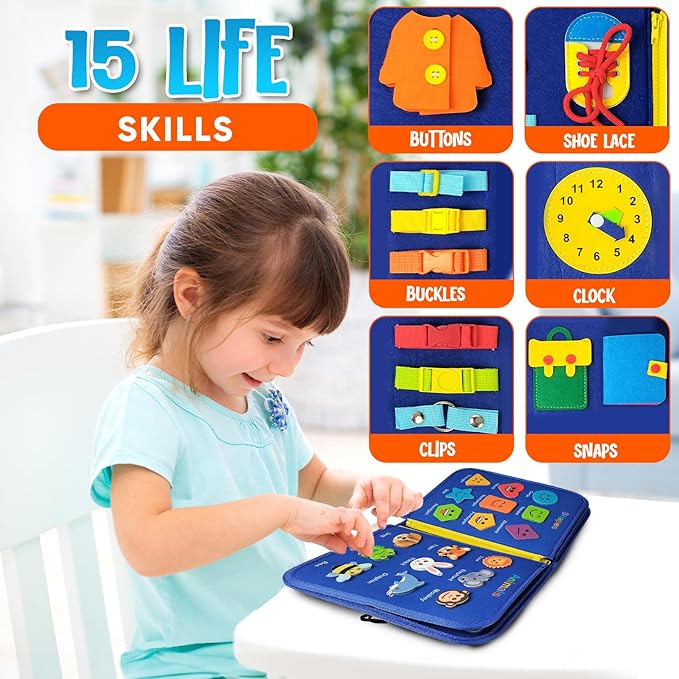 Busy Board Montessori Toy for 1 2 3 4 Year Old Toddler Boys & Girls - Sensory Board with Preschool Educational Activities for Learning Fine Motor Skills - Travel Toys for Airplane and Car