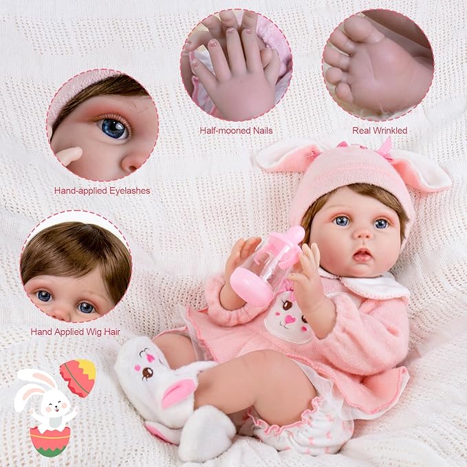 Aori Lifelike Reborn Baby Dolls - 22 Inch Realistic Newborn Baby Girl - Soft Vinyl Reborn Toddler with Feeding Set & Bunny Outfit Real Life Baby Doll for Kids 3+, Toddlers & Collectors