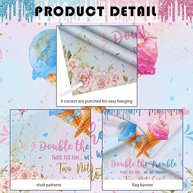 MEHOFOND 7x5ft Ice Cream Twins Baby Shower Banner Decroations, Double The Trouble Twice The Fun We are Having Two Not One Backdrop, Blue Pink Gender Reveal Party Decor Floral Gender Reveal Supplies