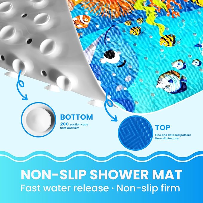 Linoows Baby Bath Tub Mat, 40 x 16 Inch Extra Large Non Slip Kids Cartoon Bathtub Shower Mats with Suction Cups & Drain Holes, Machine Washable for Bathroom, Undersea Dolphin