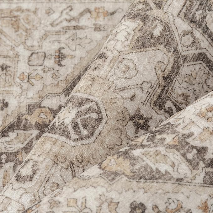 Taupe Brown Area Rug 9x12 Vintage Washable Distressed Living Room Carpet Large Indoor Non Slip Traditional Medallion Retro Low Pile Accent Throw Rug Bedroom Kitchen Office Dining Room