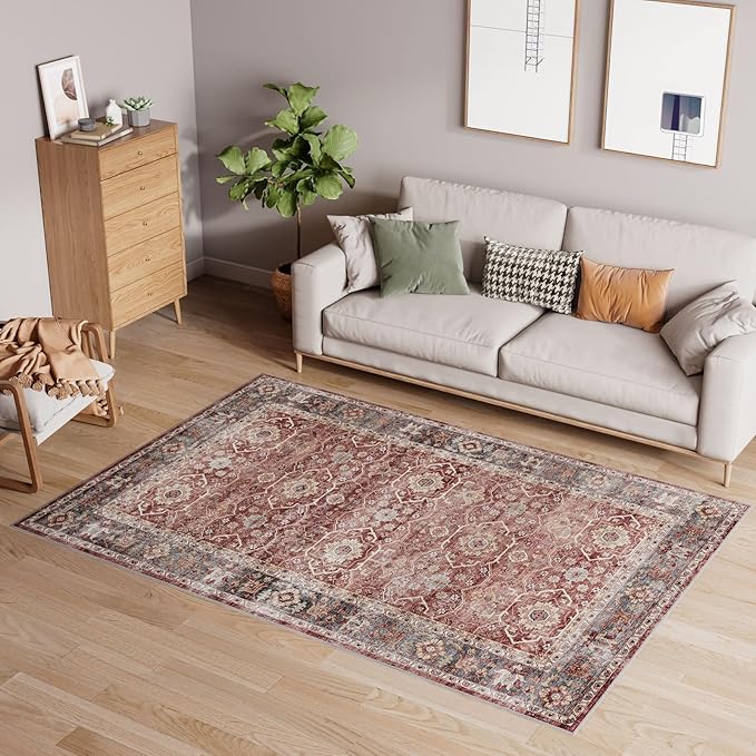 Dripex Vintage Washable Rug 3x5 Area Rug for Living Room Soft Bedside Rug Low-Pile Non-Skid Kitchen Entryway Mat Farmhouse Office Carpet Home Decor
