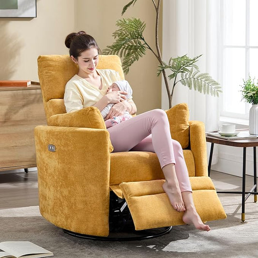 Recliner Swivel Glider Electric Rocking Chair with USB Port,Multifunction Power Recliner Living Room Bedroom with Upholstered Nursery Chair Adult Rocking Chair with 2 Pillows (Yellow, Power-Driven)