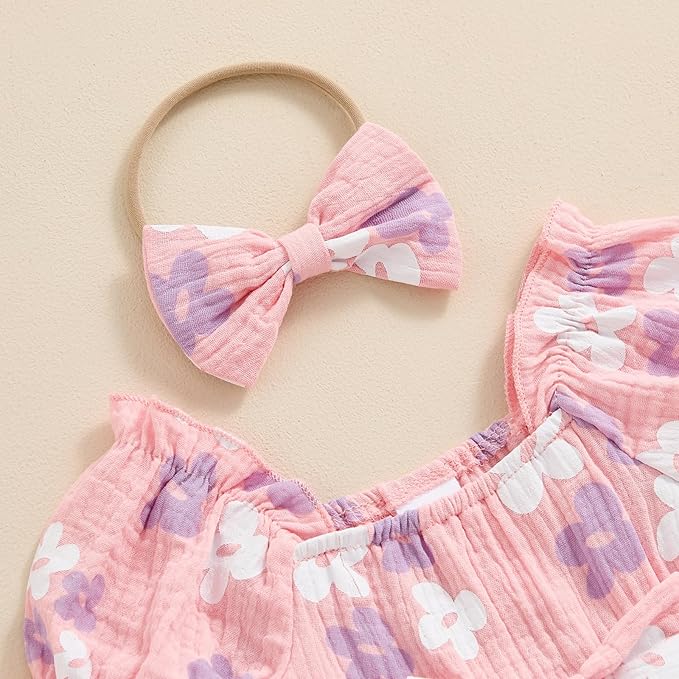 Baby Girls Floral Cotton Leotard Romper Newborn Daisy Playsuits Ruffled Sleeve Onesie Infant Jumpsuit Clothes Headband