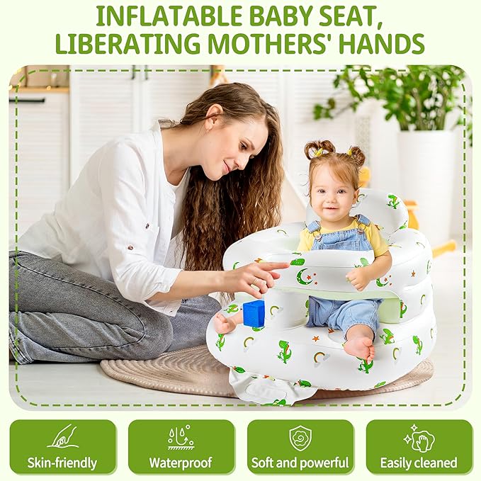 Inflatable Baby Seat with Full Enclosure, Comfortable Sit Me Up Baby Chair for Learning to Sit, Built in Air Pump Blow Up Infant Back Support Floor Seat for Babies 3 Months & Up (Dinosaur-Regular)